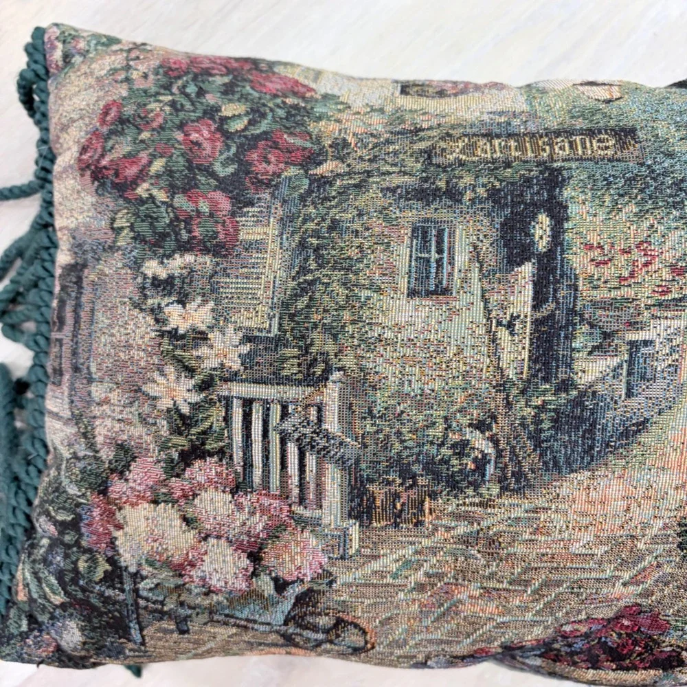 Vintage Woven Tapestry Lumbar Pillow European Cafe Scene Green Fringe 22x12